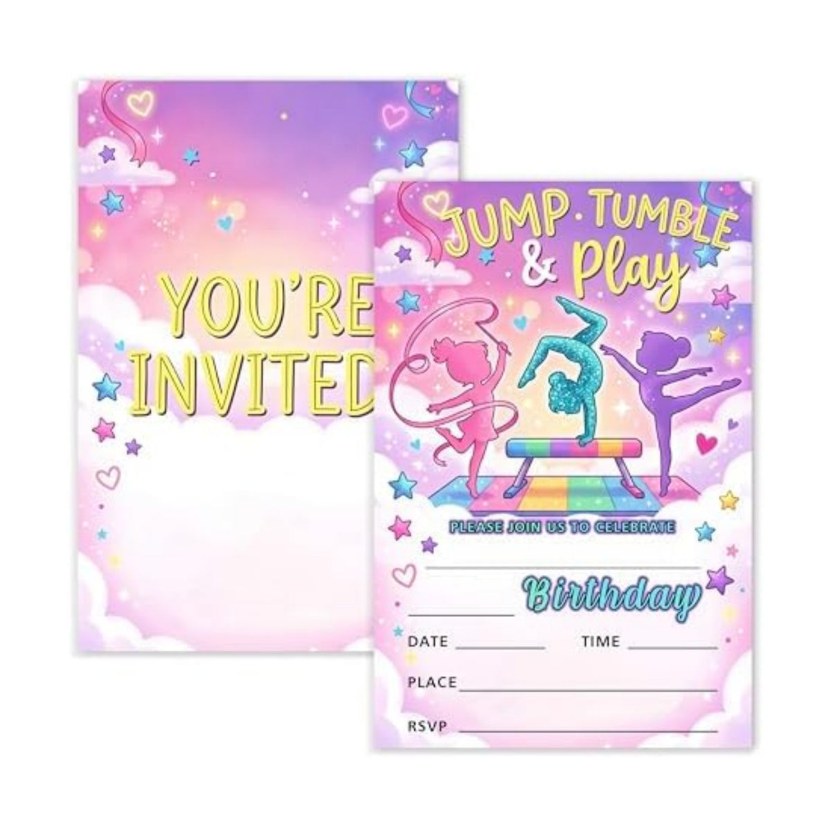Gymnastics Birthday Invitation Girl, Pink Purple Gymnastics Double-Sided Fill In Style Invites with Envelopes for Birthday, Jump Party Invitation For Girls, Teens, Bday Party Favor & Decoration