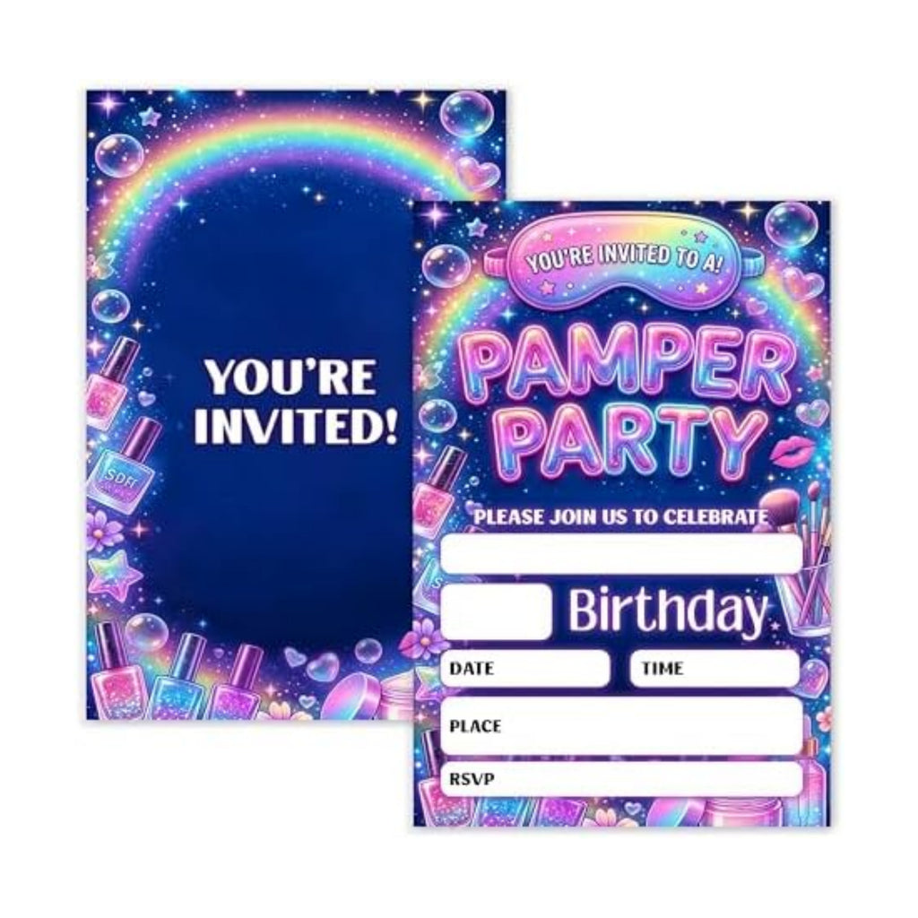 Pamper Birthday Invitation Girl, Pamper Spa Double-Sided Fill In Style Invites with Envelopes for Birthday, Glitz Glam Makeup Glow Party Invitation For Girls, Teens, Bday Party Favor & Decoration