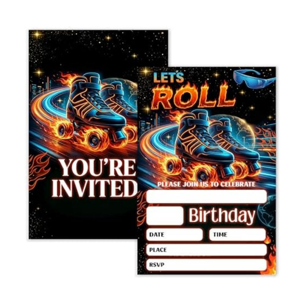 Roller Skating Birthday Invitation, Glow Gender Neutral Double-Sided Fill In Style Invites with Envelopes for Birthday, Glow Roller Skating Party Invitation For Boy,Girl, Bday Party Favor & Decoration