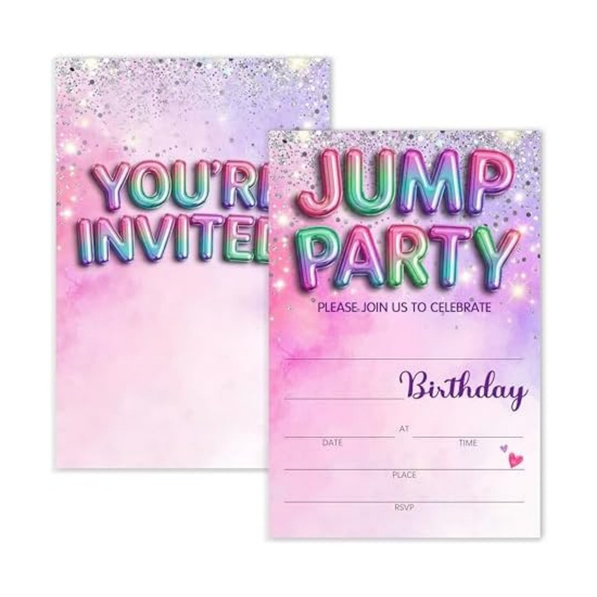 Jump Birthday Invitation Girl, Silver Glitter Rainbow Double-Sided Fill In Style Invites with Envelopes for Birthday, Trampoline Jump Party Invitation For Girls, Teens, Bday Party Favor & Decoration