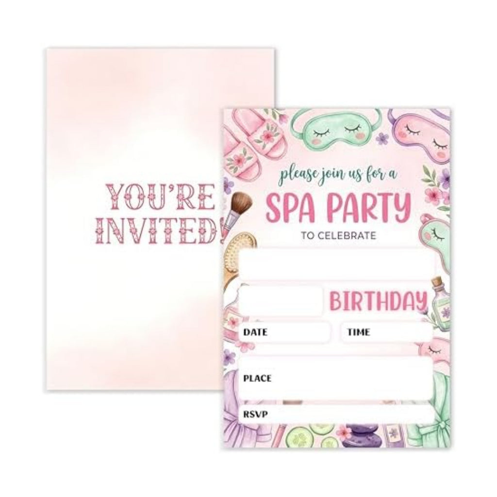 Spa Party Birthday Invitation Girl, Pamper Double-Sided Fill In Style Invites with Envelopes for Birthday, Glam Party Invitation For Girls, Teens, Bday Party Favor & Decoration