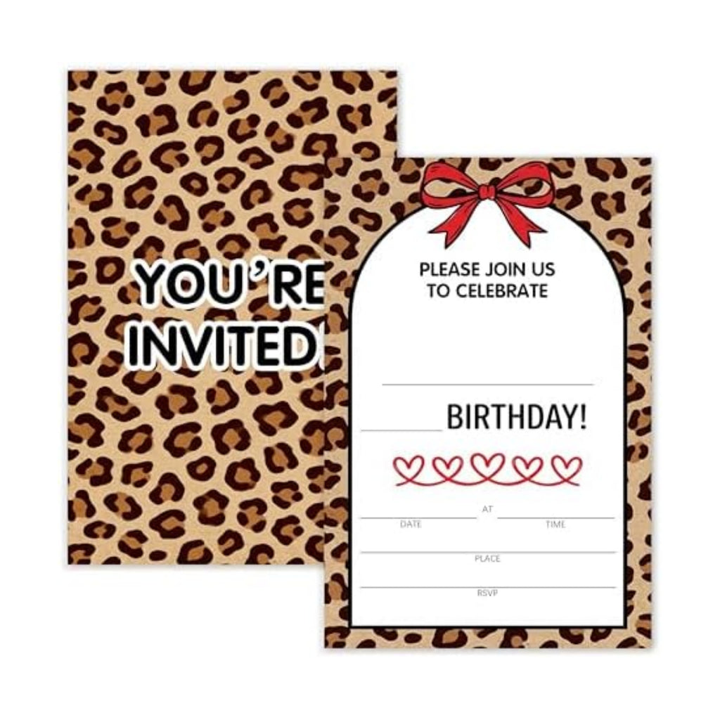 Cheetah Print Birthday Party Invitation, Red Bow Double-Sided Fill In Style Invites with Envelopes for Birthday, Coquette Style Party Invitation For Teens,Adults, Bday Party Favor & Decoration