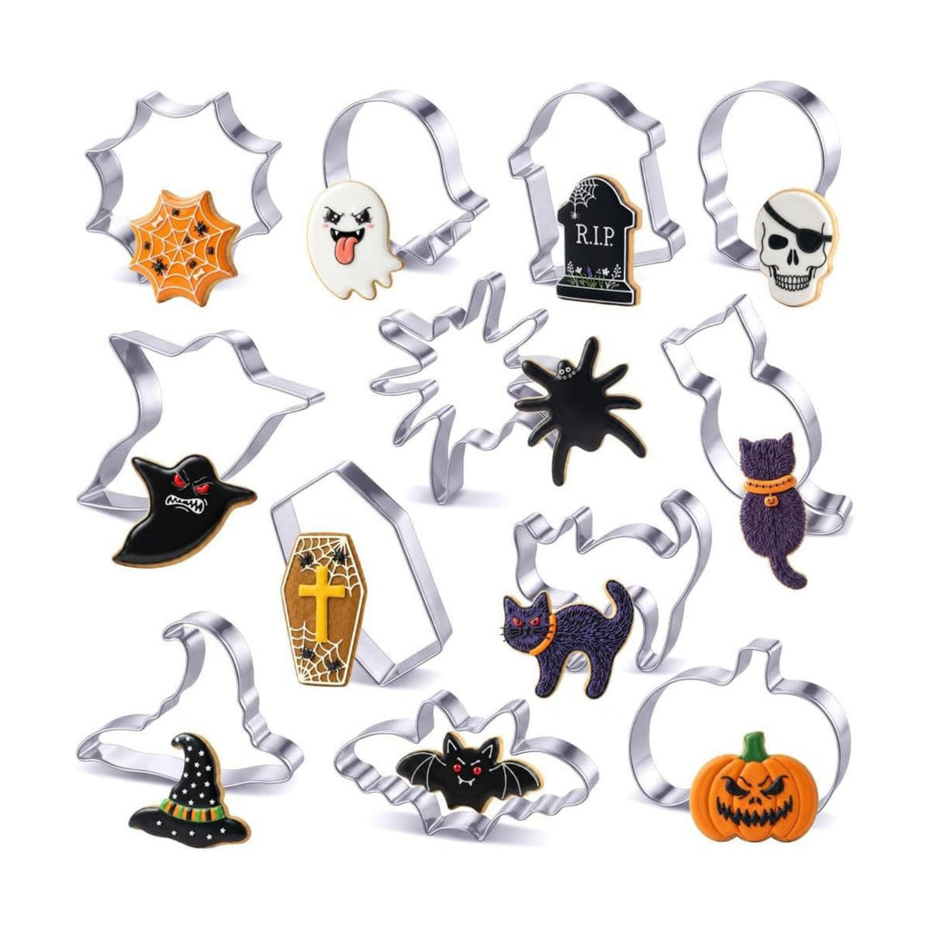 Halloween Cookie Cutters Set, HUINF 12Pcs Stainless Steel Cookie Cutters - Bat, Ghost, Pumpkin, Cat, Spider, Spider Web, Coffin, Witch's Hat, Skull, Tombstone Shapes for Halloween Baking