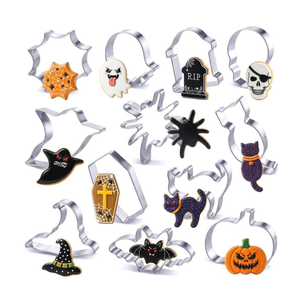 Halloween Cookie Cutters Set, HUINF 12Pcs Stainless Steel Cookie Cutters - Bat, Ghost, Pumpkin, Cat, Spider, Spider Web, Coffin, Witch's Hat, Skull, Tombstone Shapes for Halloween Baking