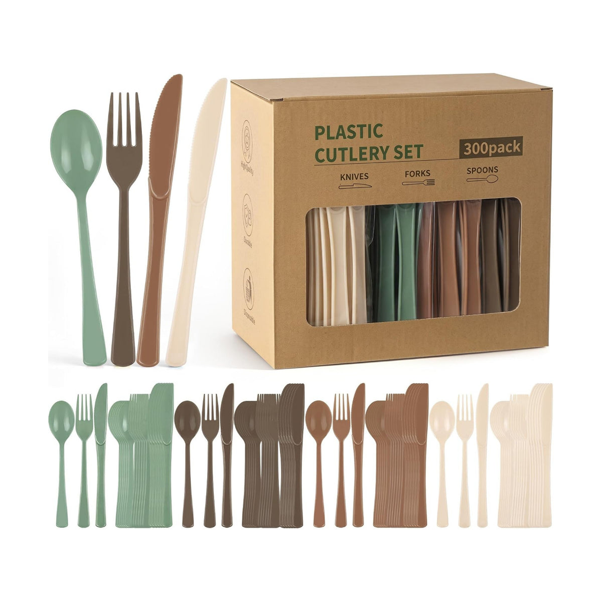 300Pcs Woodland Plastic Silverware Set, Disposable Full Size for Dinner