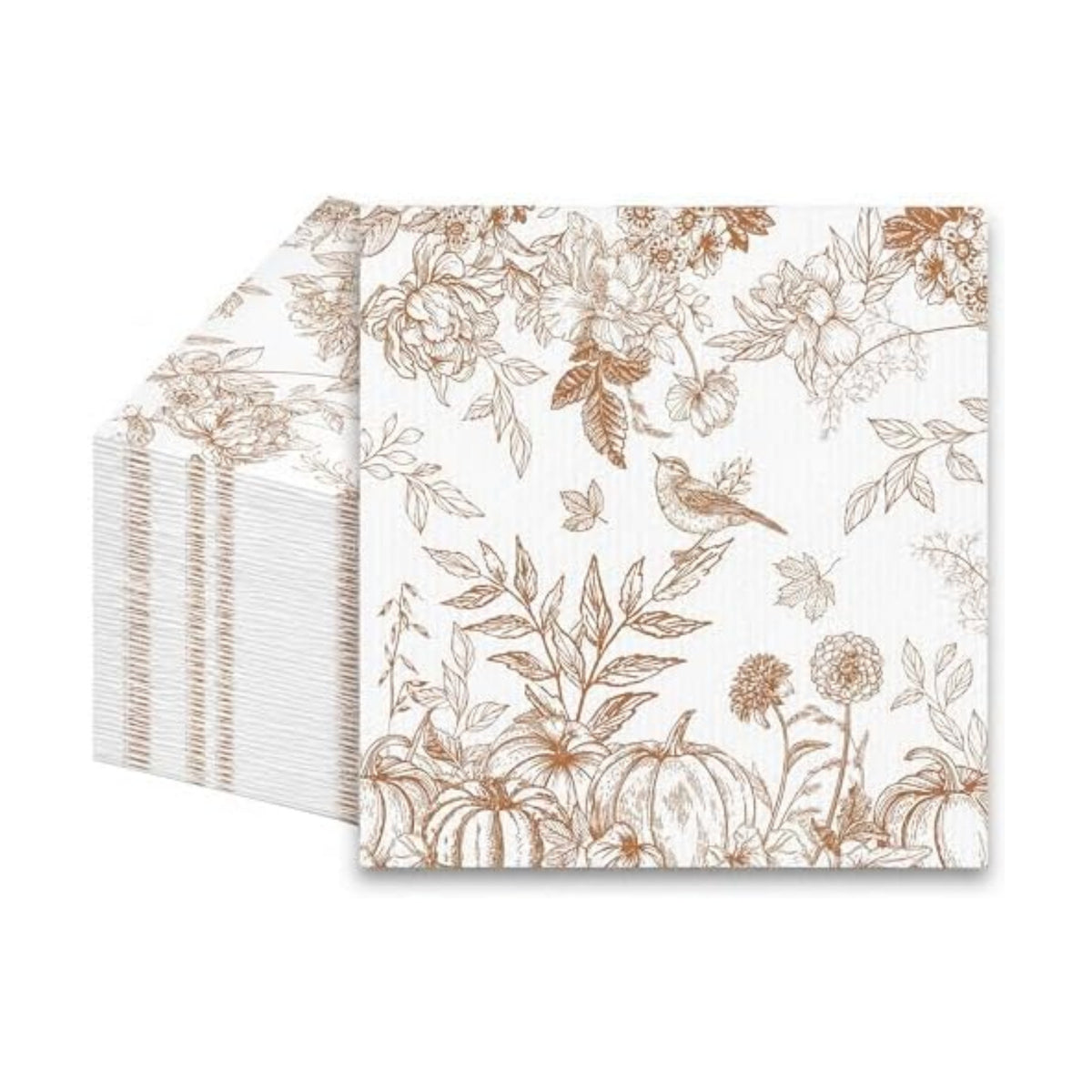 50 Pcs Autumn Floral Disposable Napkins, Elegant Gold Flower Bird Fruit & Japanese Branch Leaf Design Paper Napkins, Absorbent Table Napkins for Home Gathering, Thanksgiving & Fall Celebration
