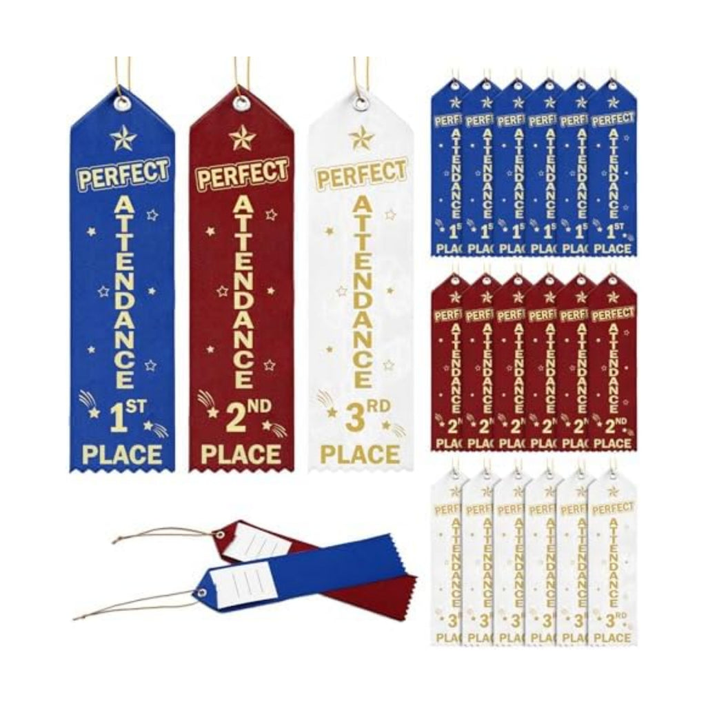 Thiccywoov 90 Pcs Perfect Attendance Ribbons for 1st, 2nd, 3rd Place, 8" x 2" Perfect Attendance Award Ribbons with Event Card and String for Competition Contests School Office Team Contest Ornaments