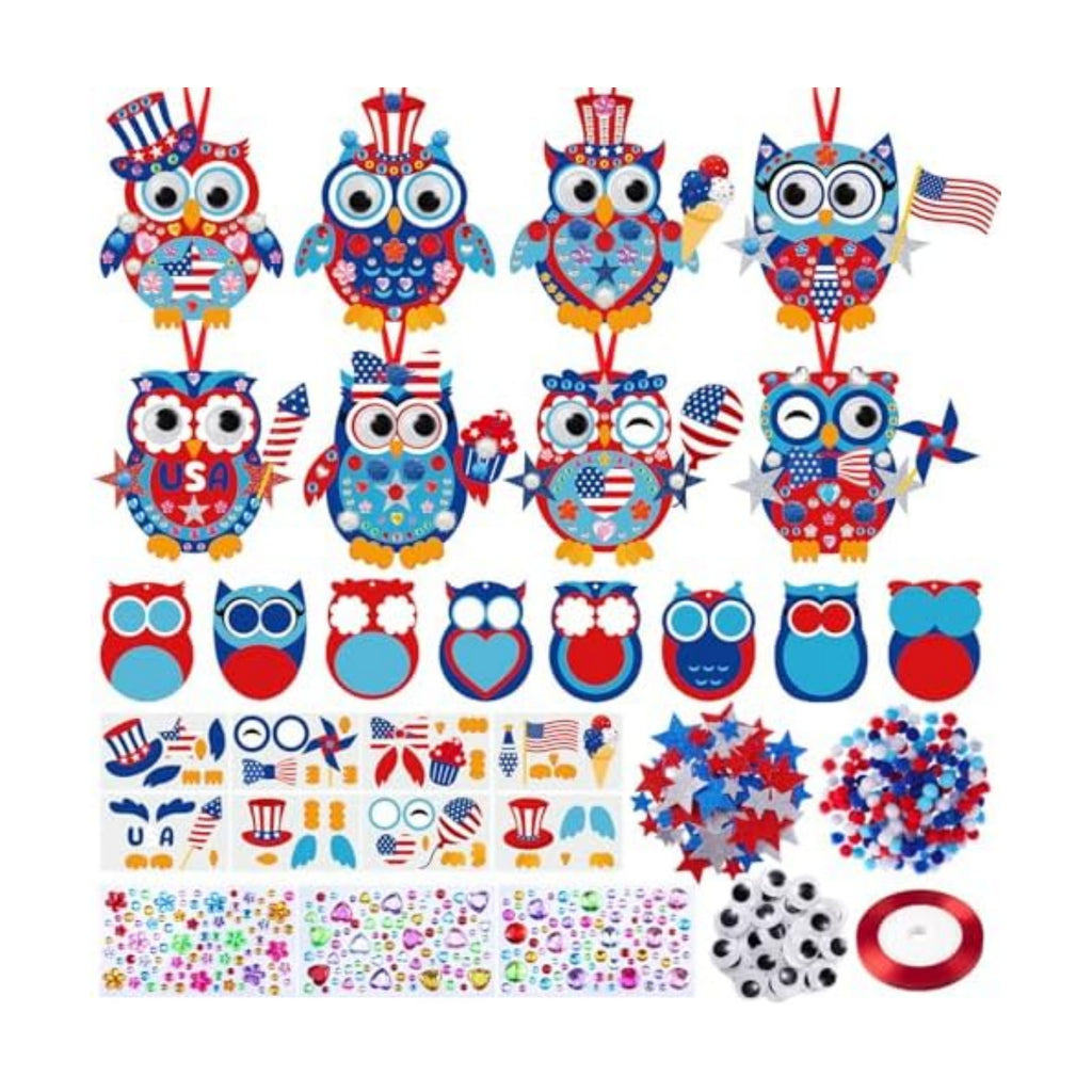 Funrous 48 Sets Crafts Kit Paper Crafts DIY Make Your Own Hanging Ornaments with Pompoms Diamond Stickers for Holiday Classroom Activities Party Favors, Patriotic Owl