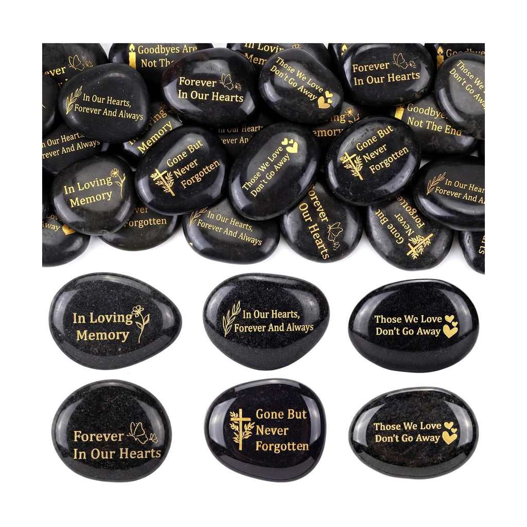 Yuntau 30 Pcs Memorial Stone 1.97 Inch Celebration of Life Favor Inspirational River Rock Engraved in Loving Memory Funeral Favor Decoration for Fathers Day Gift (Black,Classic Style)