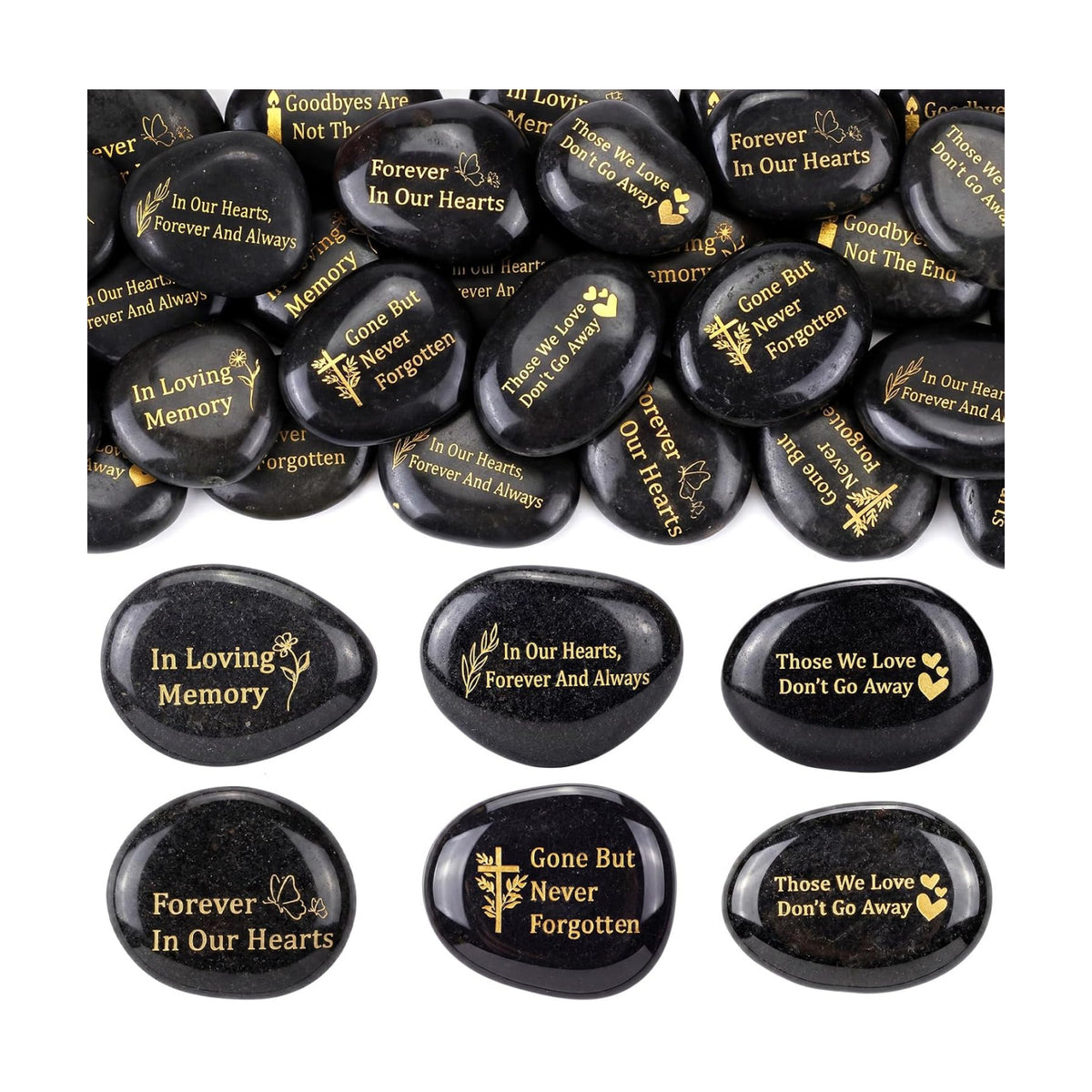 Yuntau 30 Pcs Memorial Stone 1.97 Inch Celebration of Life Favor Inspirational River Rock Engraved in Loving Memory Funeral Favor Decoration for Fathers Day Gift (Black,Classic Style)