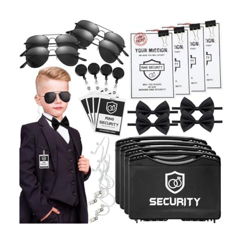 Mepase 28 Pcs Ring Wedding Bearer Security Set Include Ring Bearer Box ID Badge Holder Sunglass Acoustic Earpiece Tube Mission Card with Binder Clip Bow for Kids (4 Pp Suitcase)