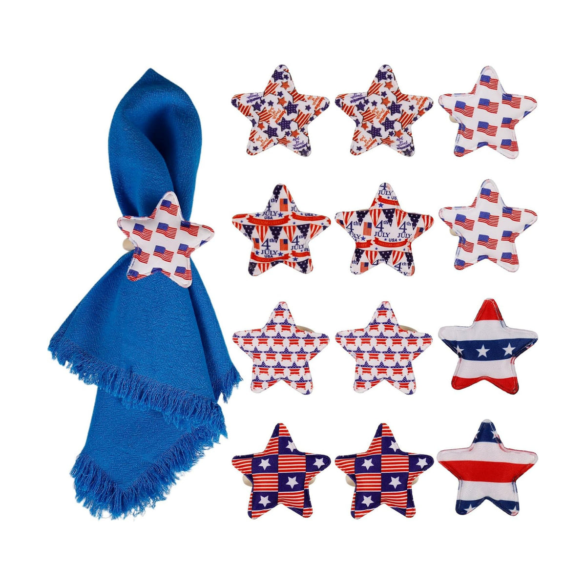 Patriotic Star Napkin Rings Set of 12, 4th of July Cloth Star Napkin Rings