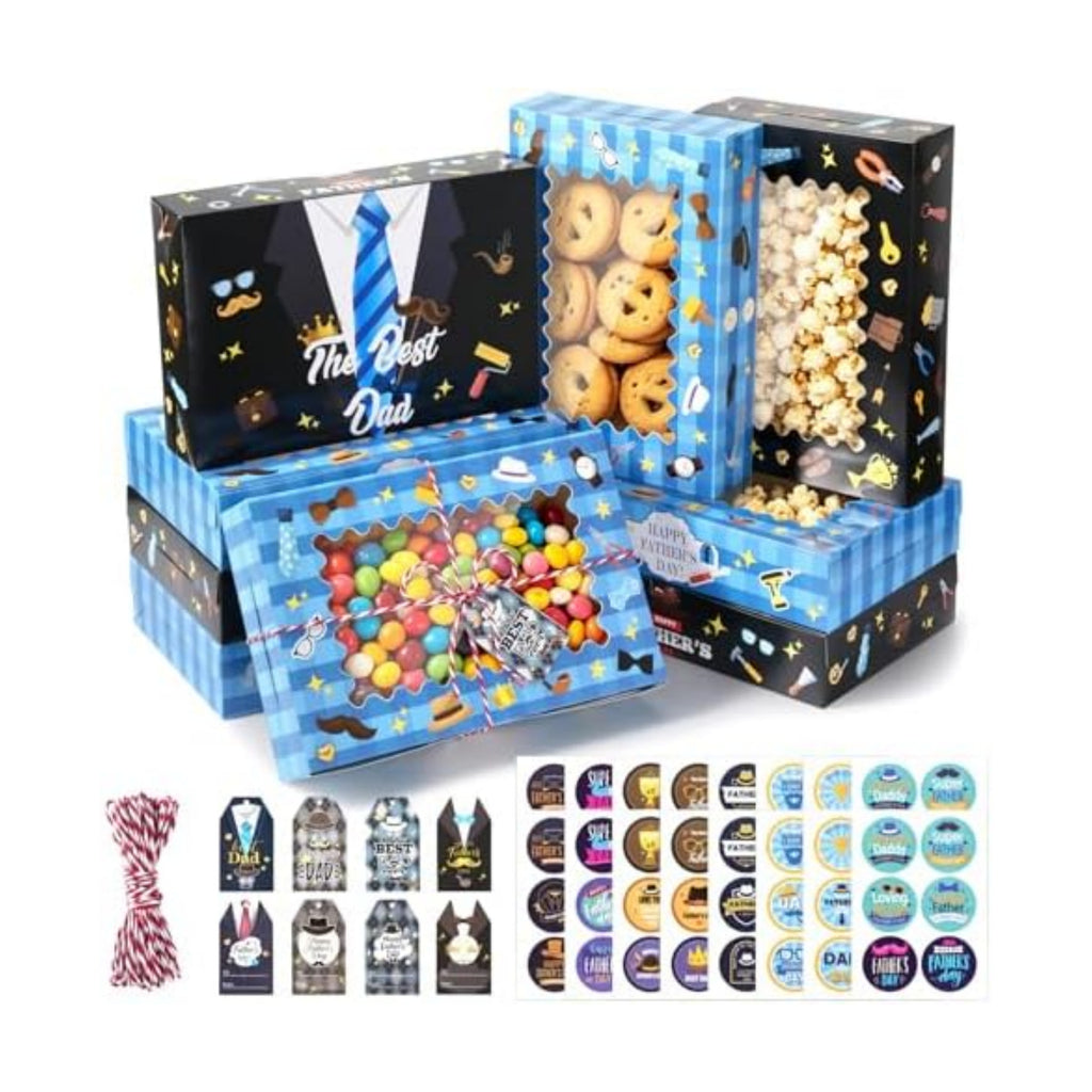 FCKLVMC 12 Pcs Fathers Day Gift Boxes Bulk with Windows , 2 Styles Fathers Day Treat Boxes for Treats With Gift Card and Sticker, Fathers Day Gift Boxe for Happy Father Day Party Supplies (20*30*6.3cm)