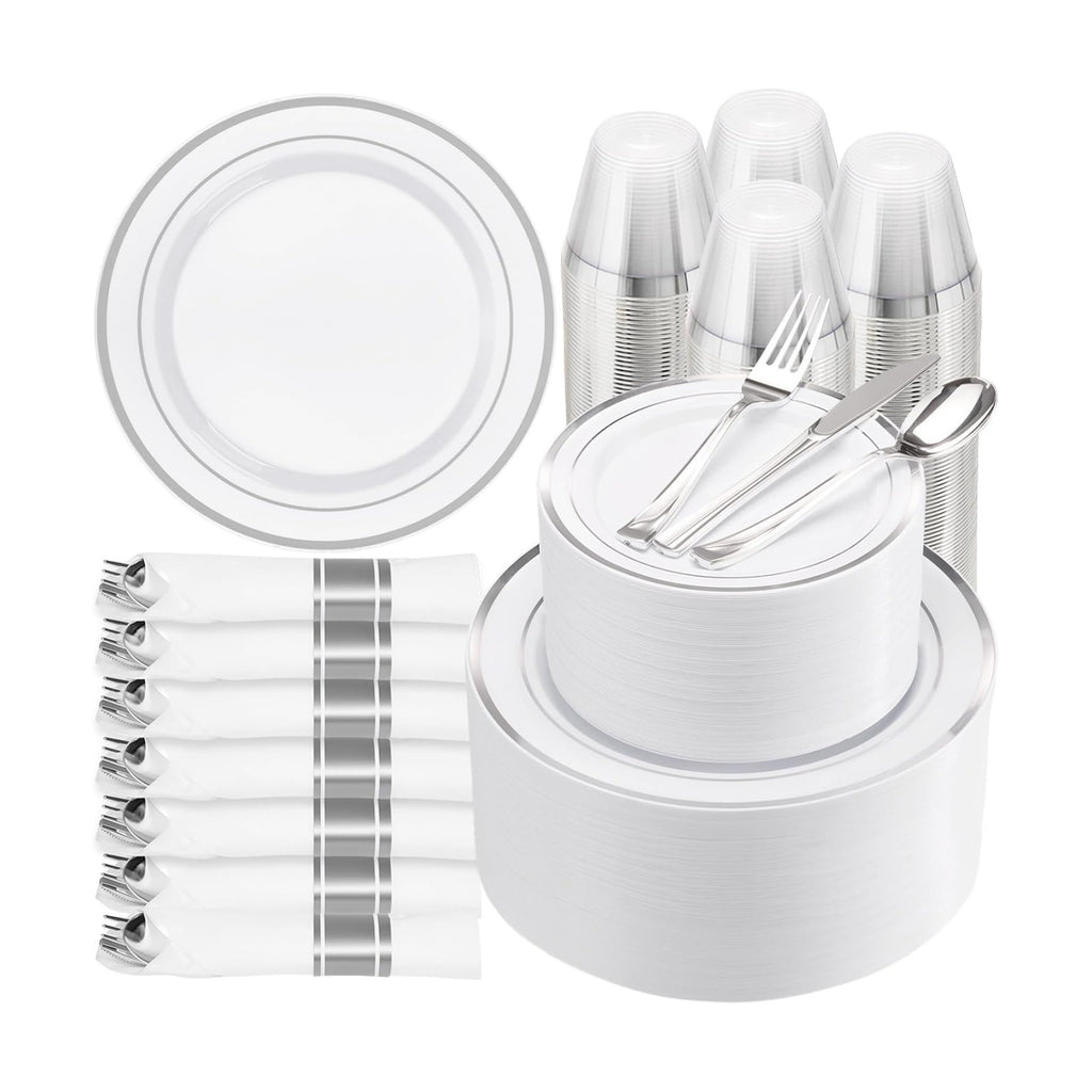 BESTVIP 875 Piece Silver Plastic Dinnerware Set for 125 Guests