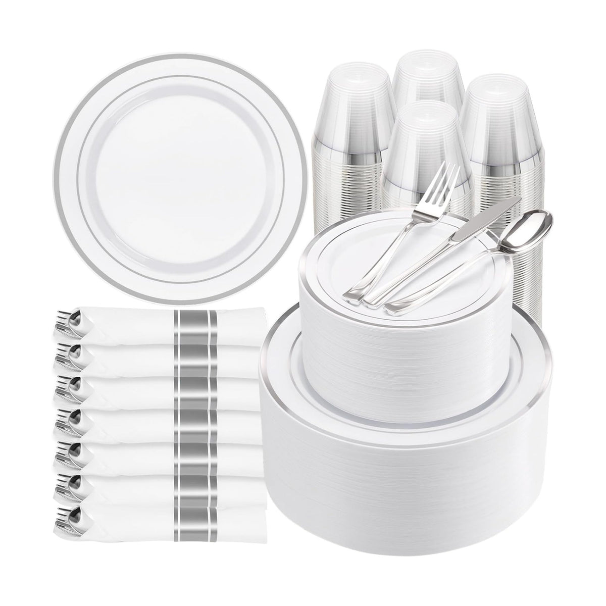 BESTVIP 875 Piece Silver Plastic Dinnerware Set for 125 Guests