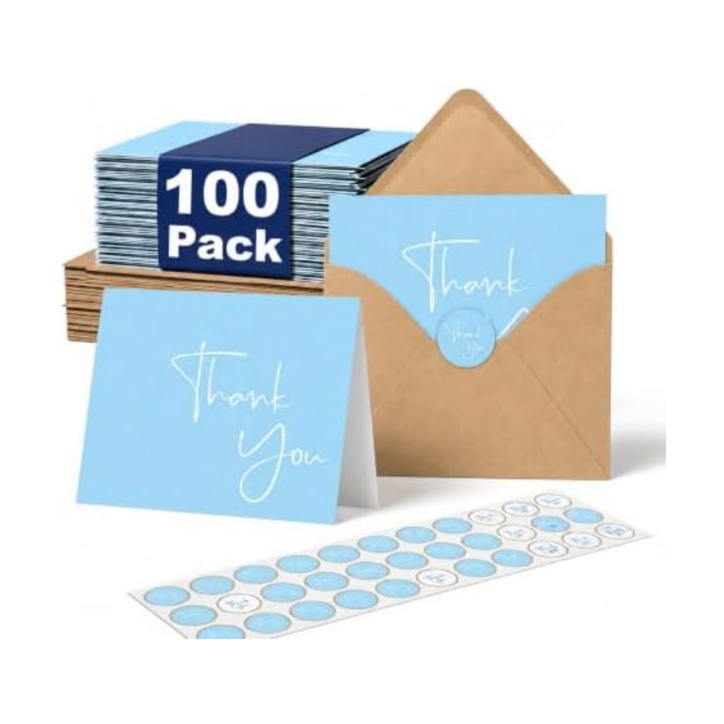 XXINMOH 100 Pack Thank You Cards With Envelopes Bulk Set & Stickers - 4x6 inch Blank Thank You Notes Bulk Box Set - Large Note Card Small Business, Wedding, Baby Shower & Bridal Shower - Light Blue