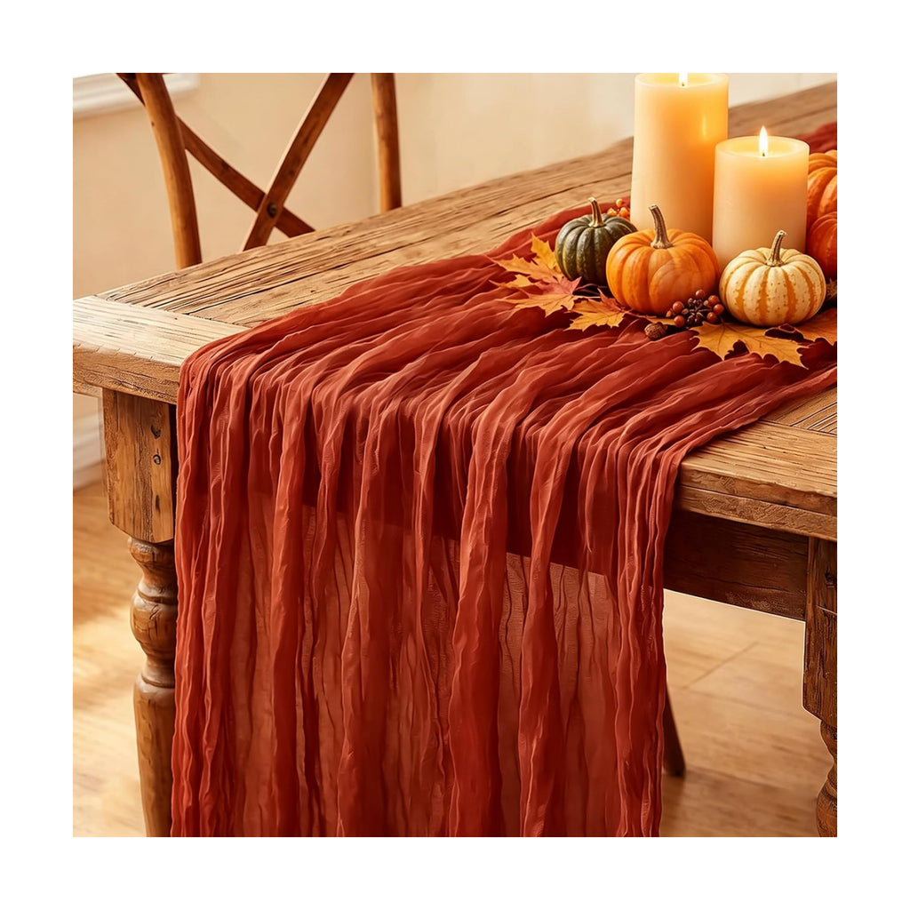 3Pcs Fall Table Runner, 10FT Thanksgiving Cheesecloth Table Runner 35*120inch Terracotta Table Runners for Fall Wedding Baby Shower Friendsgiving Thanksgivig Home Kitchen Table Decorations