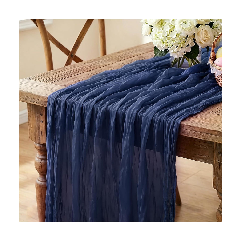 3Pcs Navy Blue Table Runner, 10FT Rustic Gauze Blue Table Runner 35*120inch Boho Table Runners for Wedding Bridal Shower Birthday Baby Shower Table Centerpiece Decorations