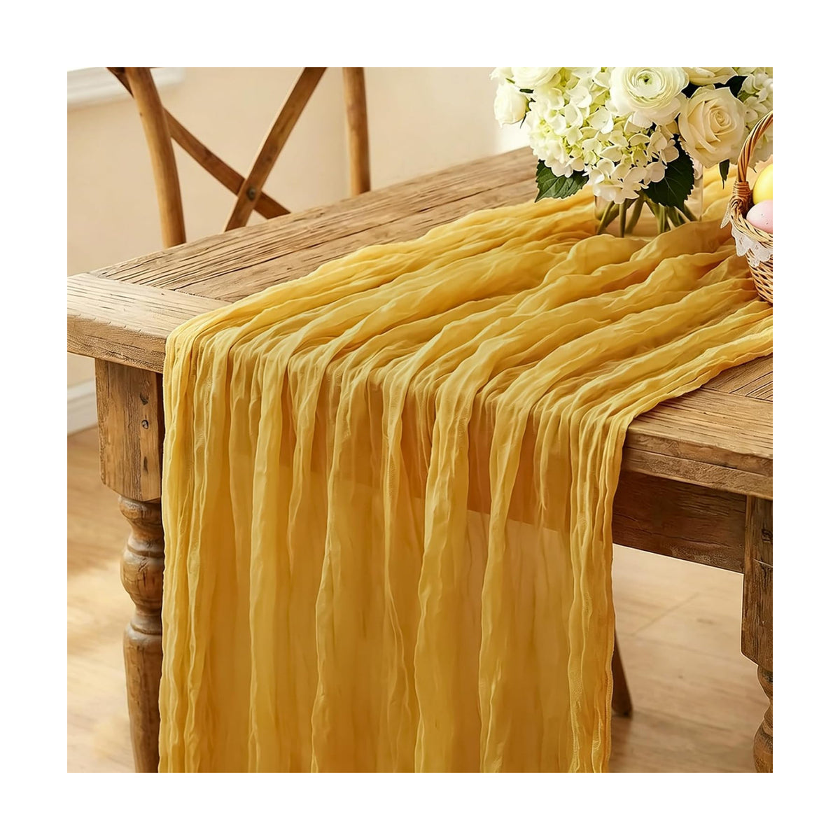3Pcs Yellow Table Runner, 10FT Rustic Gauze Gold Table Runner 35*120inch Boho Table Runners for Wedding Bridal Shower Birthday Baby Shower Table Centerpiece Decorations