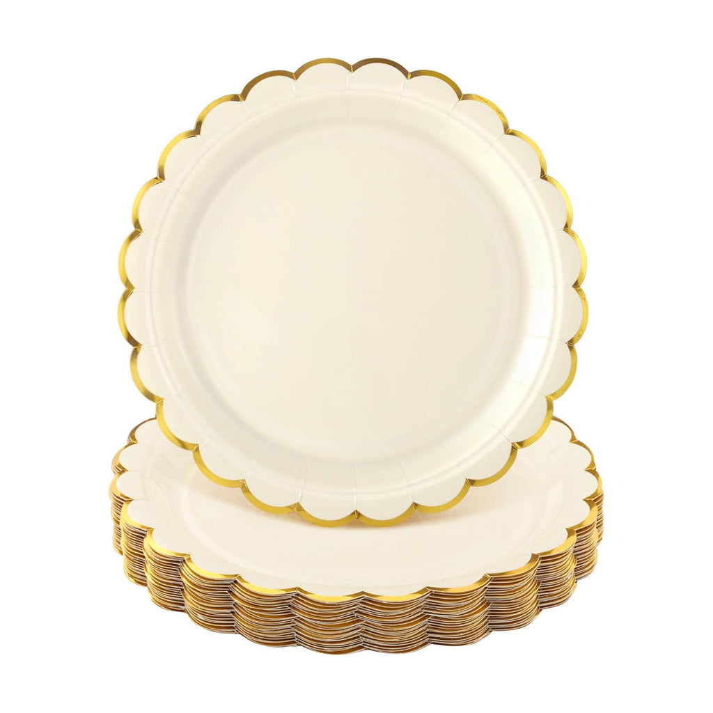 NatNarr 30 Pk Ivory Paper Plates 9" Scalloped Cream Plates with Gold Rim