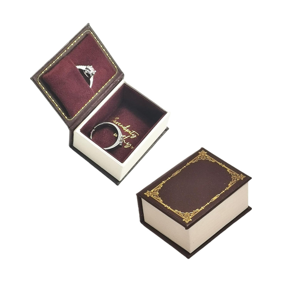 Book Shaped Ring Box - Vintage Engagement Ring Box with Hinged Lid for Proposal Engagement Wedding, Proposal Ring Case -PRB012-Brown