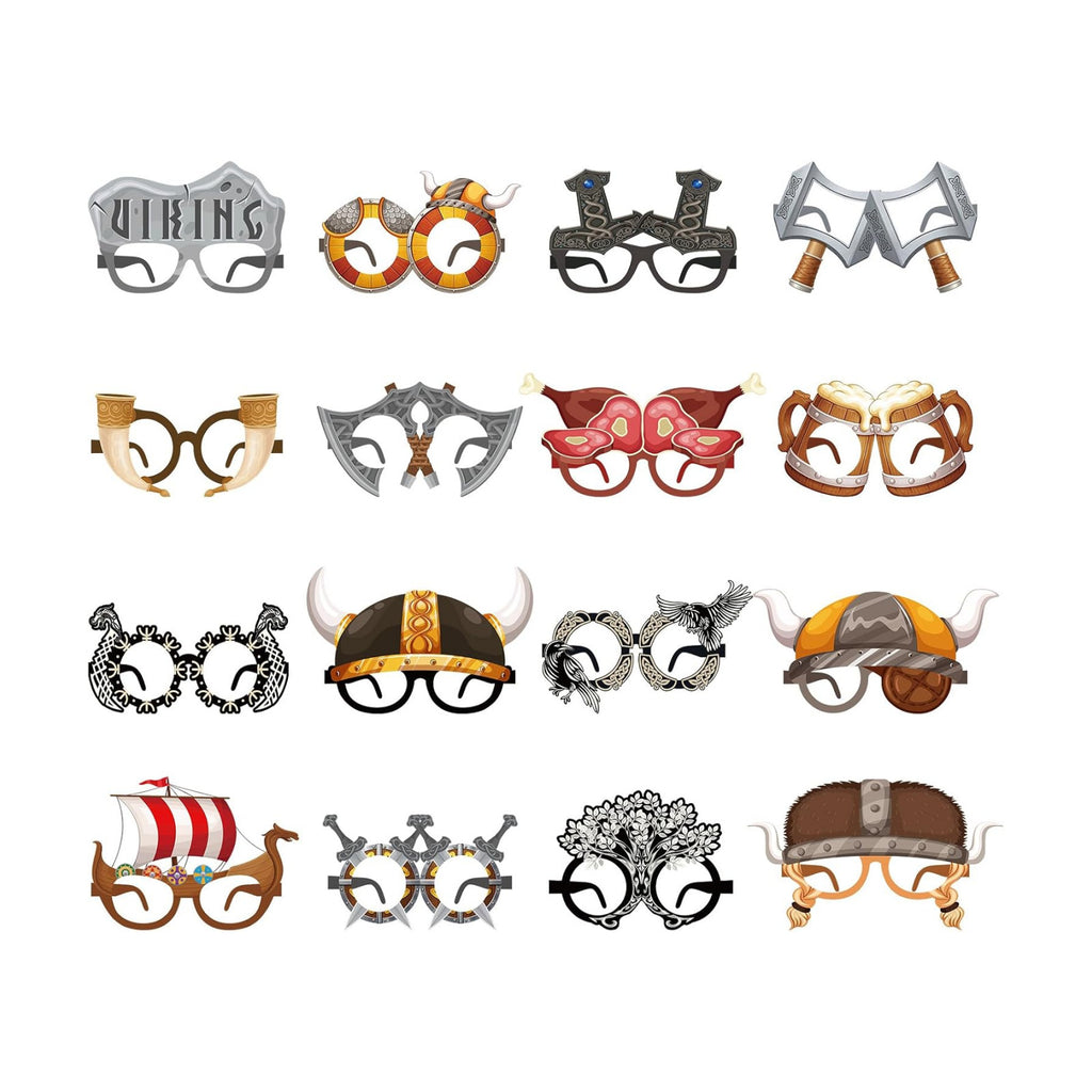 32 Pcs Viking Theme Party Favor Paper Glasses, 16 Unique Designs Nordic Mask Viking Ship Helmet Photo Booth Props for Halloween Birthday Party Classroom Rewards Goodie Bag Fillers