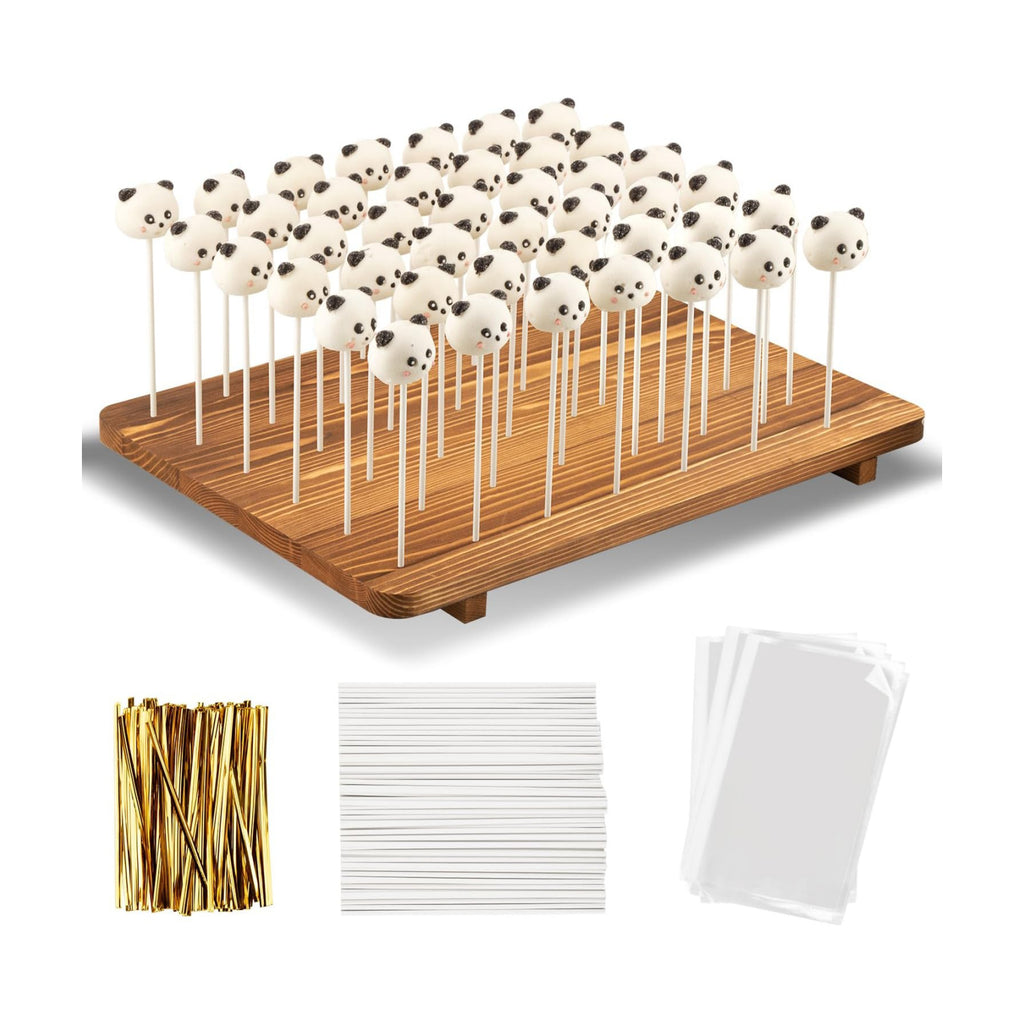 48-Hole Wooden Cake Pop Stand for Drying/Display ，300 Accessories（Cake Pop Bag x100，Gold Twist Tie x100，Cake Pop Stick x100）- Dessert Table Holder for Birthdays, Baby Shower, Weddings