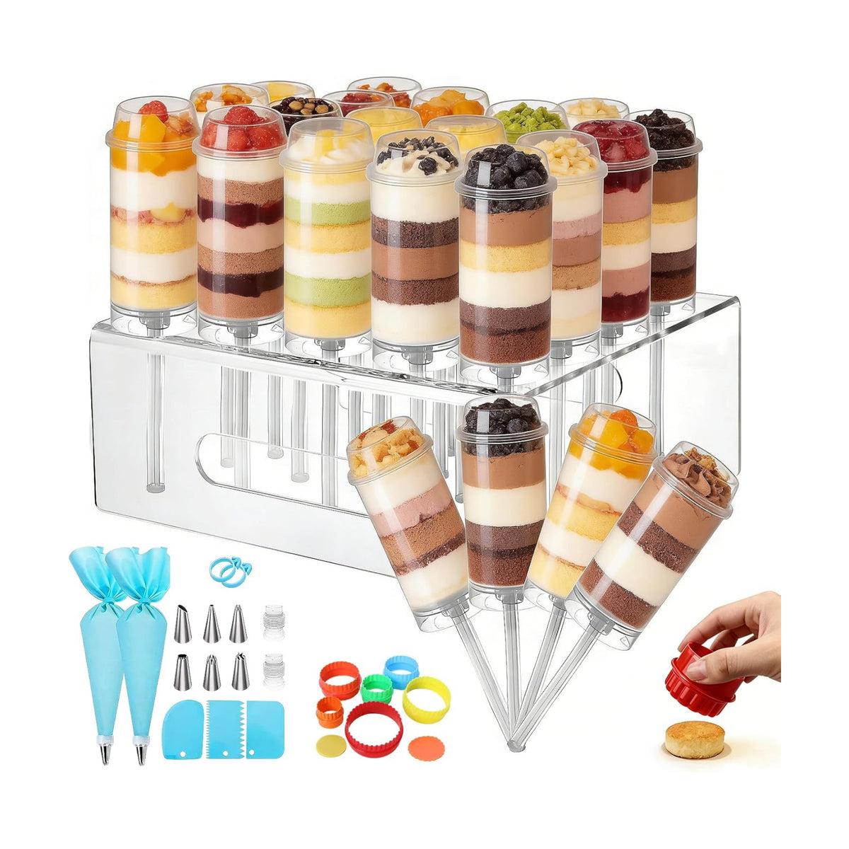 AZYM Cake Pop Stand, Clear Reusable Food-Grade Plastic Dessert Cups with Lids, Cake Pop Holder with Cutter Tool, for Parties, Weddings, Birthdays, DIY Baking Supplies
