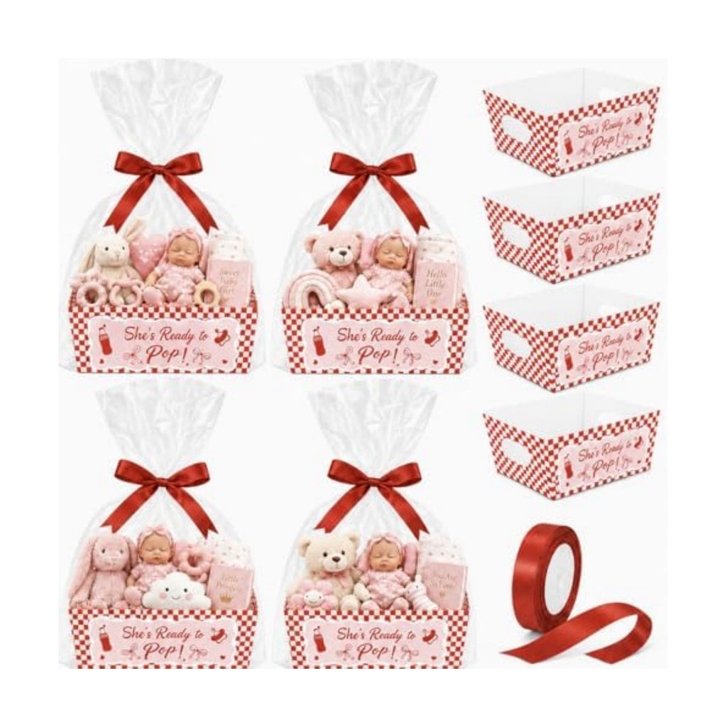 Cinrobiye 12 Pack Ready to Pop Baby Shower Favor Basket Set, Fill Your Own Party Favor Baskets with Clear Gift Bags & Ribbons, Empty Candy Gift Containers for Baby Shower, Gender Reveal, Birthday