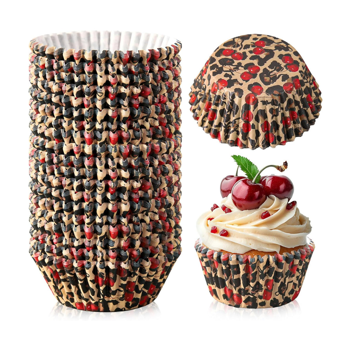 JarThenaAMCS 300 Pcs Leopard Print Cherry Cupcake Liners Cheetah Print Paper Baking Cups Standard Muffin Cupcake Wrappers for Animal Themed Holiday Wedding Baby Shower Birthday Party Supplies