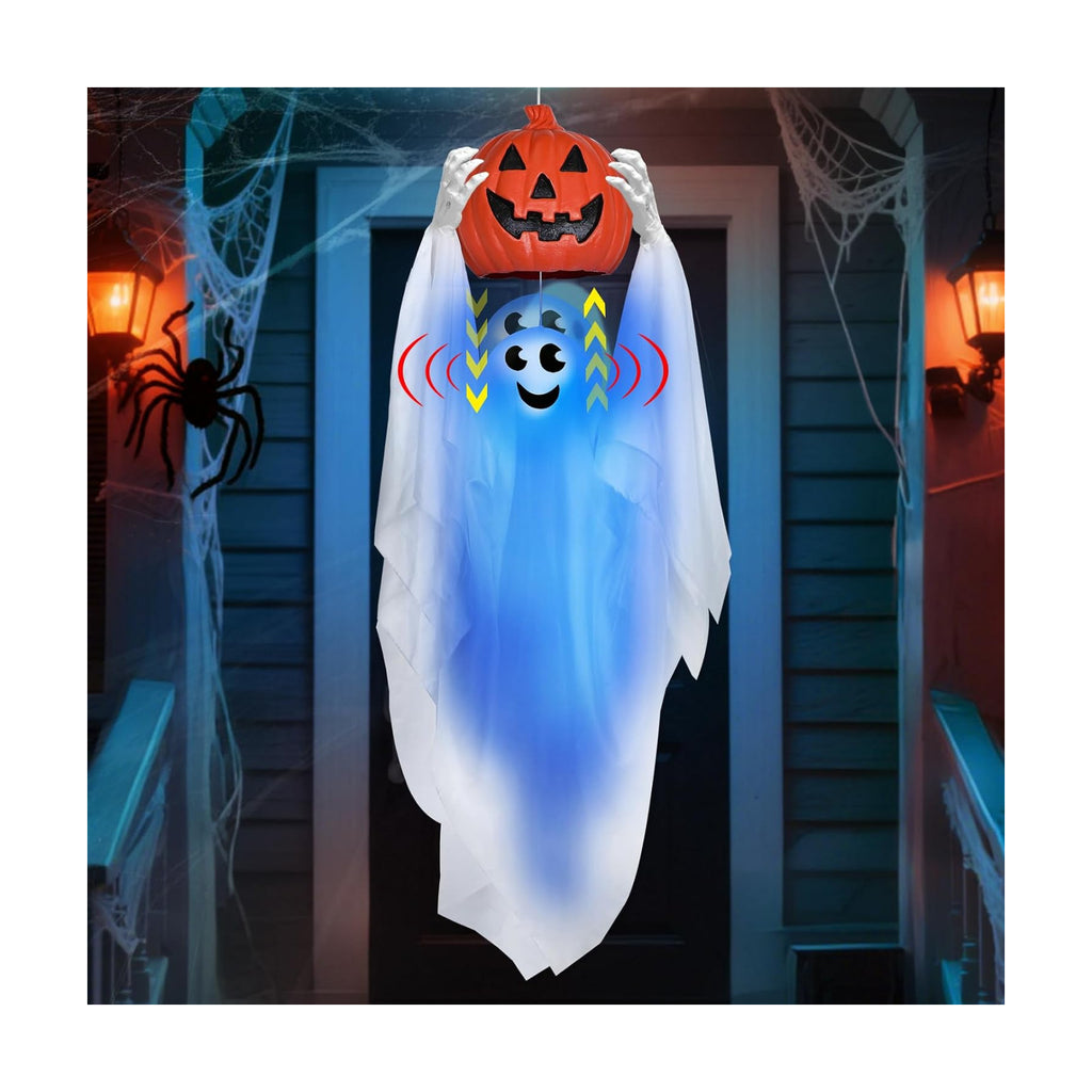 Sound Activated 43" Halloween Animatronics Hanging Ghost Holding Pumpkin