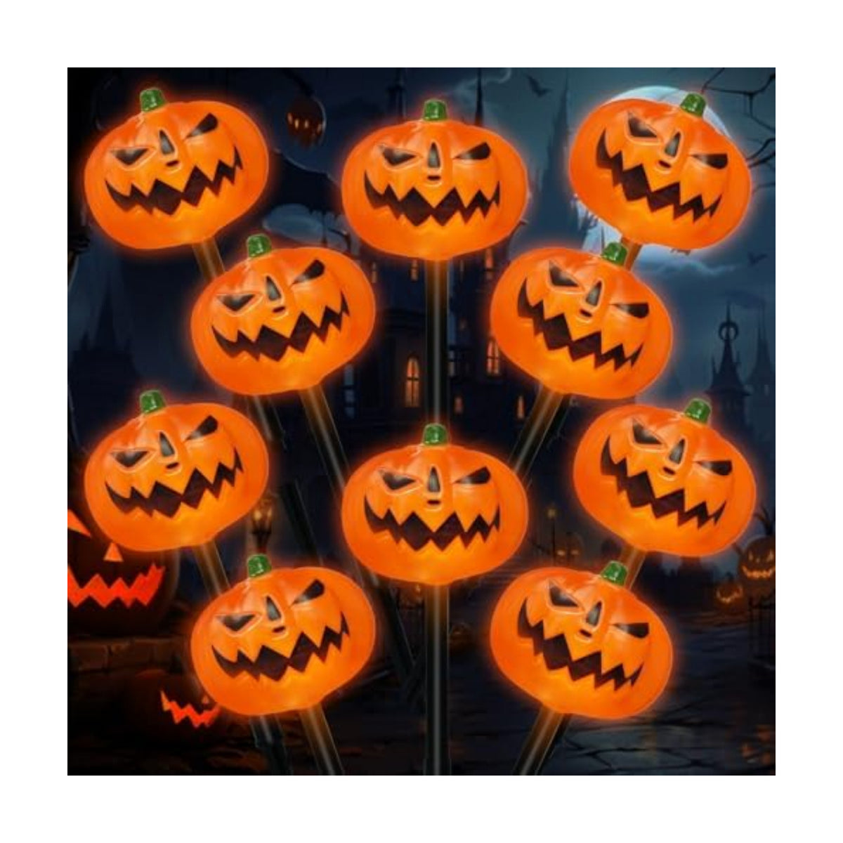 BRIGHTDECK Halloween Solar Pathway Lights Outdoor, LED Decor, Light Up Solar Stake Lights for Holiday, Halloween, Walkway, Sidewalk (Flat Pumpkin, 10-Pack)
