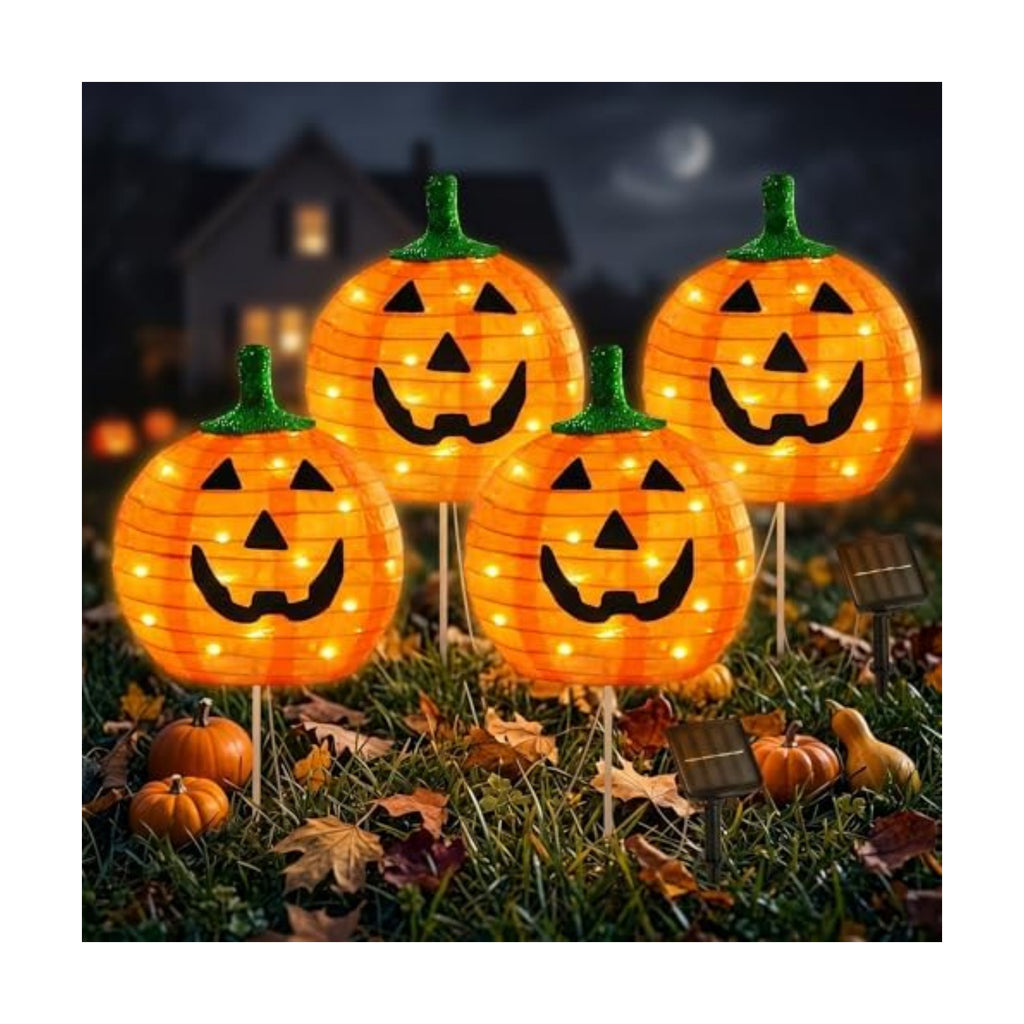 BRIGHTDECK Halloween Solar Pathway Lights Outdoor, LED Decor, Light Up Solar Stake Lights for Holiday, Halloween, Walkway, Sidewalk (Foldable Pumpkin, 4-Pack)