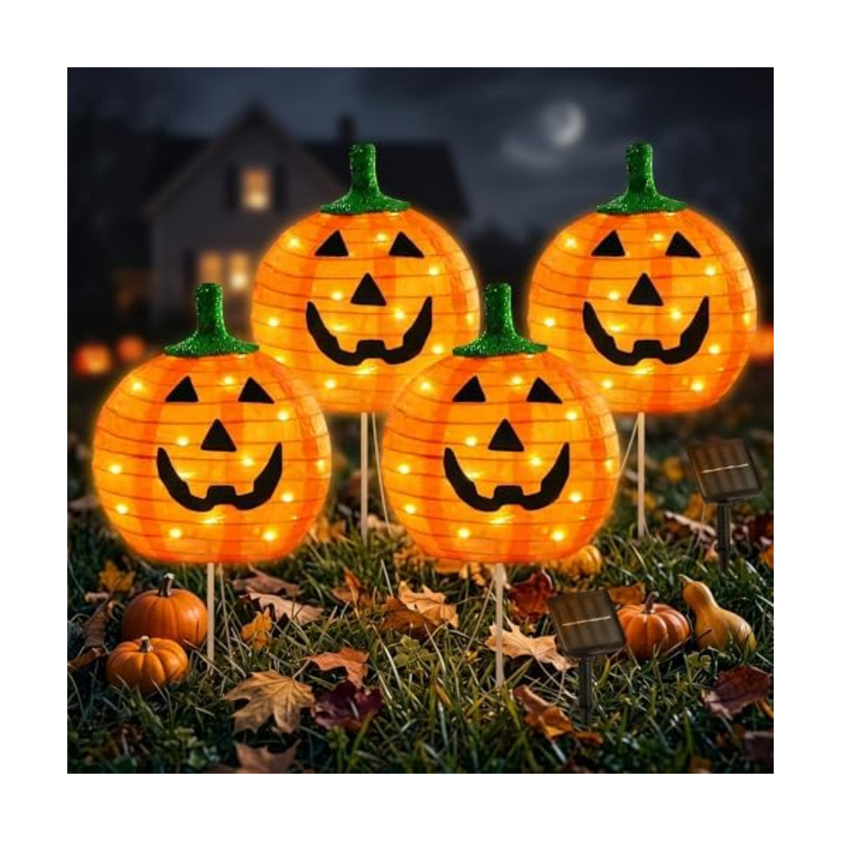 BRIGHTDECK Halloween Solar Pathway Lights Outdoor, LED Decor, Light Up Solar Stake Lights for Holiday, Halloween, Walkway, Sidewalk (Foldable Pumpkin, 4-Pack)
