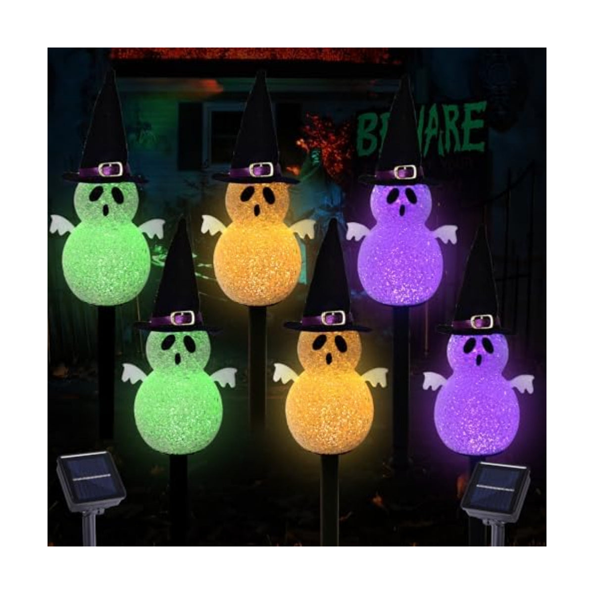 BRIGHTDECK Halloween Solar Pathway Lights Outdoor, LED Decor, Light Up Solar Stake Lights for Holiday, Halloween, Walkway, Sidewalk (Multicolor Hat Ghost, 6-Pack)