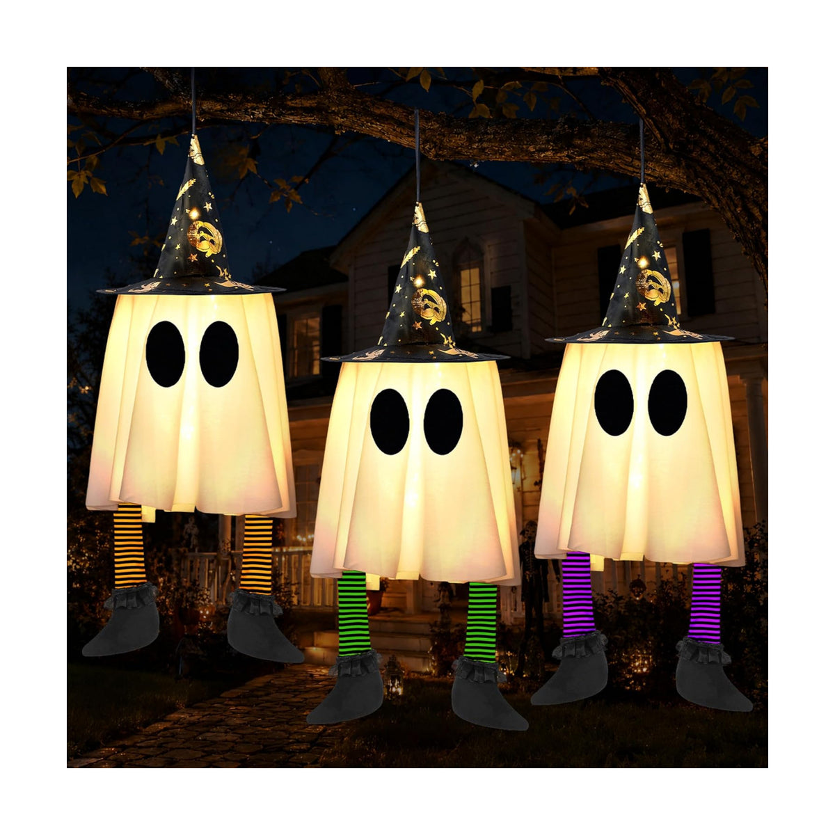 JOYIN 23.6'' 3Pcs Halloween Hanging Ghosts Decorations Outdoor, Warm Light Up Ghosts with Witch Hat & Timer, Flying Halloween Decorations for Yard Porch Lawn Party Supplies Tree Decor