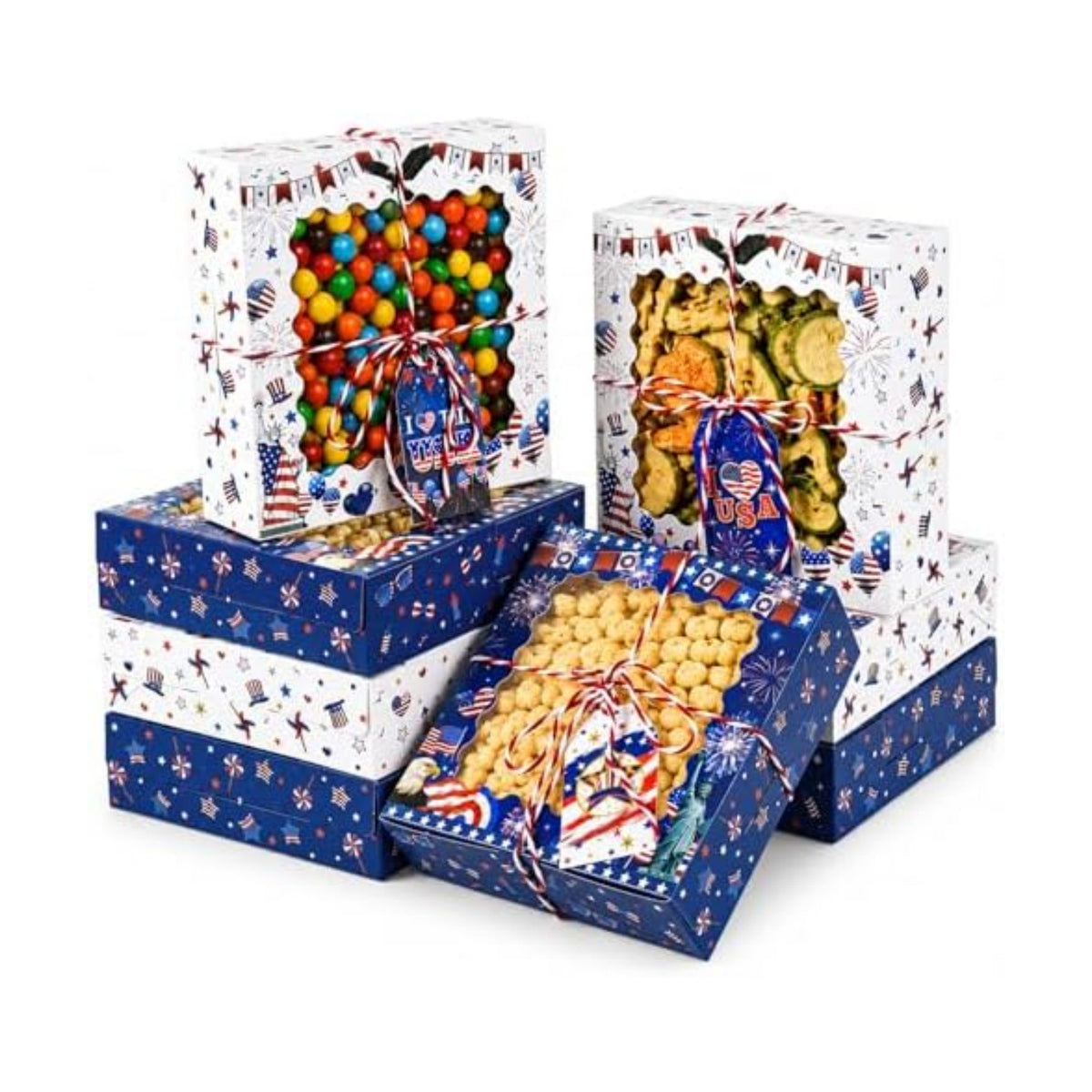 FCKLVMC 12 Pcs 7 X 7 In 4th Of July Treat Boxes with Window, Fourth Of July Gift Goodie Boxs with Card for Veterans Day Memorial Usa National Patriotic Day Party