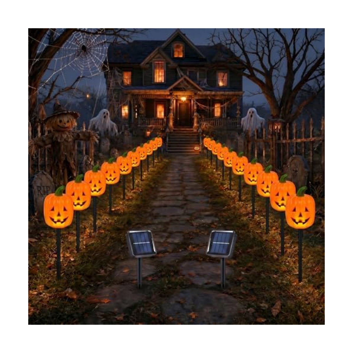 BRIGHTDECK Halloween Solar Pathway Lights Outdoor, LED Decor, Light Up Solar Stake Lights for Holiday, Halloween, Walkway, Sidewalk (Long Pumpkin, 20-Pack)