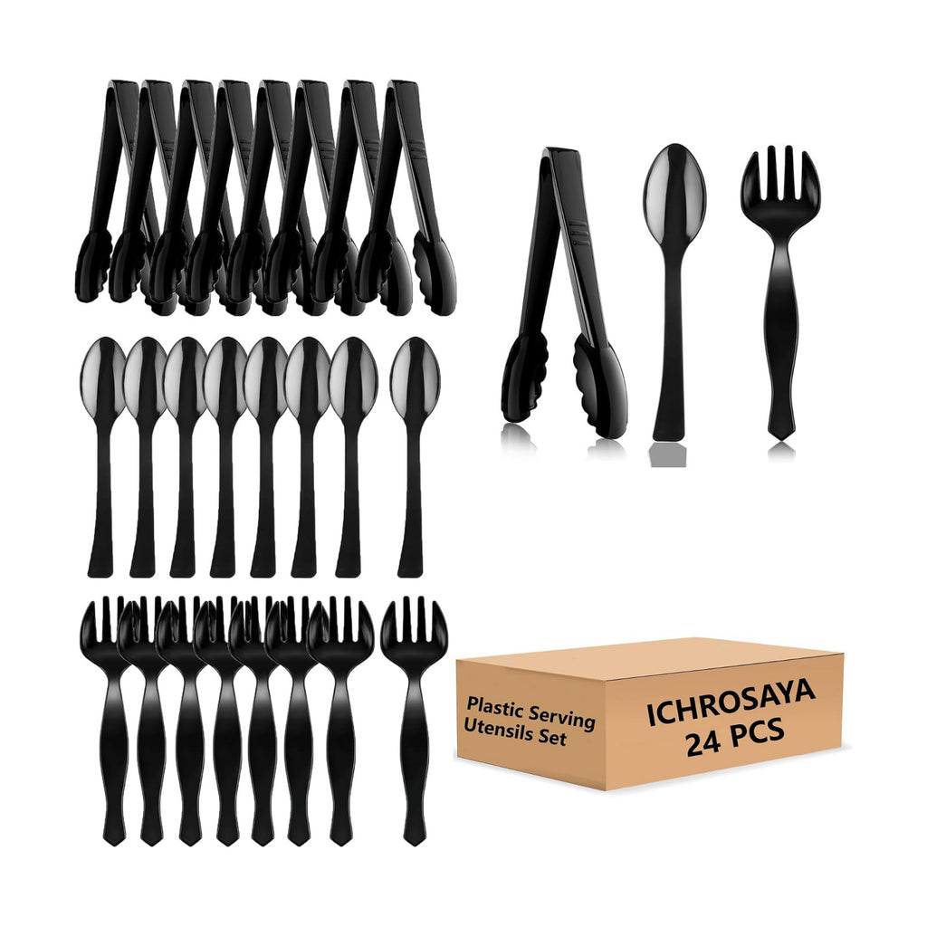 Black Plastic Serving Utensils Set - 24 Pieces Heavy Duty Large Disposable Serving Spoons, Forks and Tongs, 8.5'' Inch for Buffet, Party, Catering, Restaurant, Dinner (Black, 24)