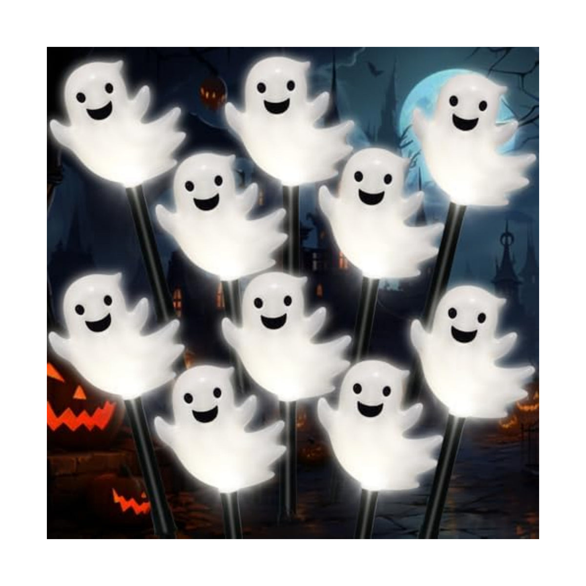 BRIGHTDECK Halloween Solar Pathway Lights Outdoor, LED Decor, Light Up Solar Stake Lights for Holiday, Halloween, Walkway, Sidewalk (Cold White Floating Ghost, 10-Pack)