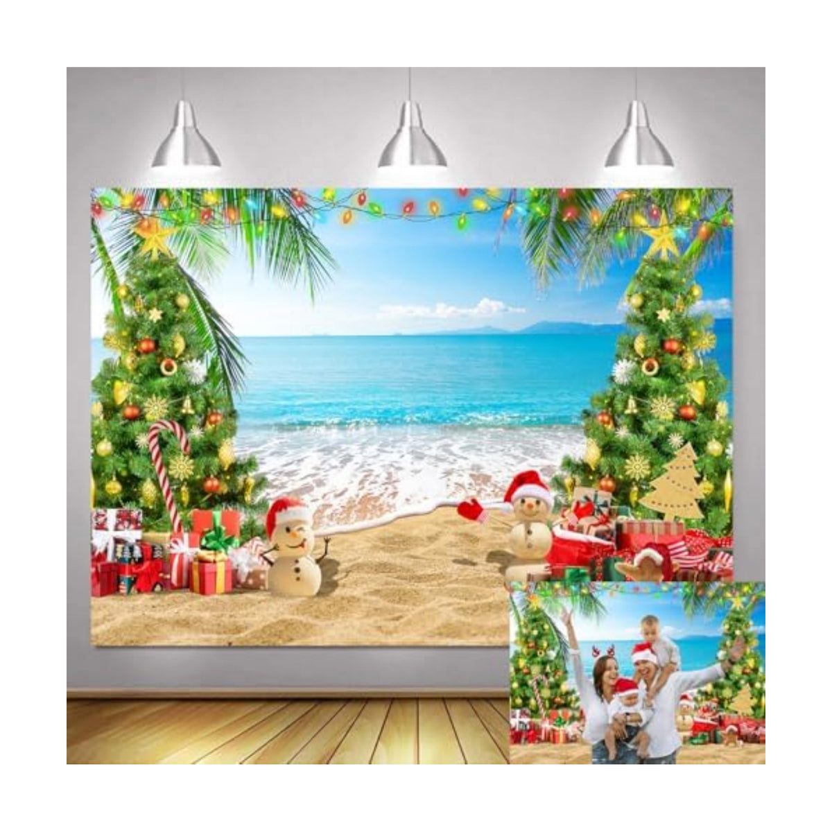 8x6ft July Christmas Backdrop Summer Beach Christmas Tree Photography Background Xmas Party Banner Tropical Hawaiian Holiday Decorations Supplies Photo Props
