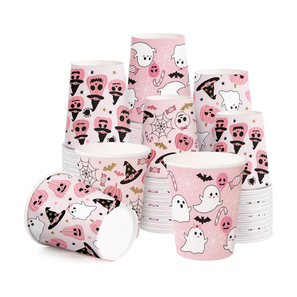 WRAPAHOLIC 9oz Pink Halloween Paper Cups - 48 PackGhost, Witch Hat, Pumpkin and Skull 4 Designs Disposable Cup, Coffee Cup, Hot/Cold Beverage Drinking Cups for Water Juice, Perfect for Halloween