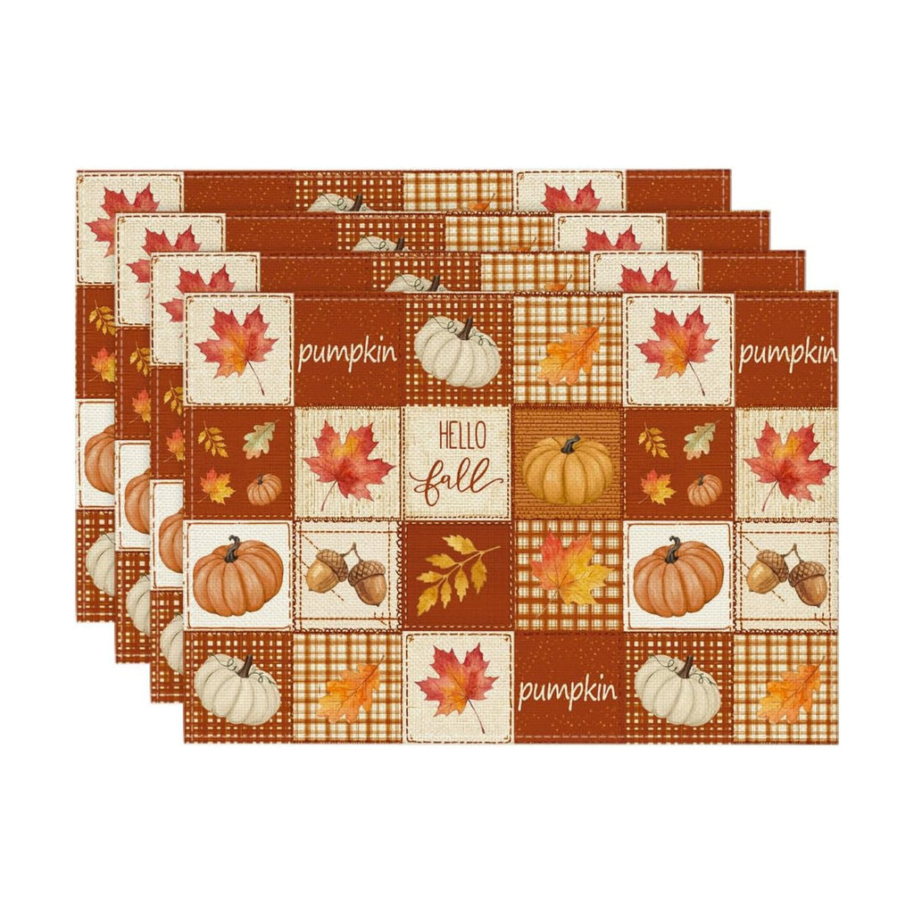 Artoid Mode Pumpkin Maple Leaf Plaid Fall Placemats Set of 4-12 x 18 Inch