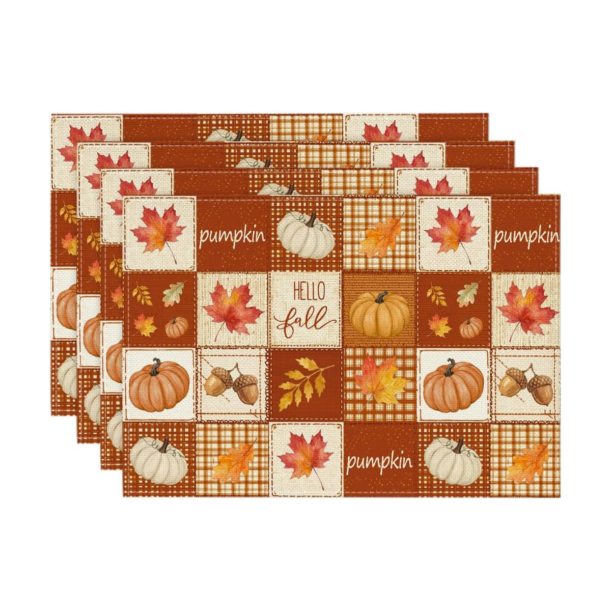 Artoid Mode Pumpkin Maple Leaf Plaid Fall Placemats Set of 4-12 x 18 Inch