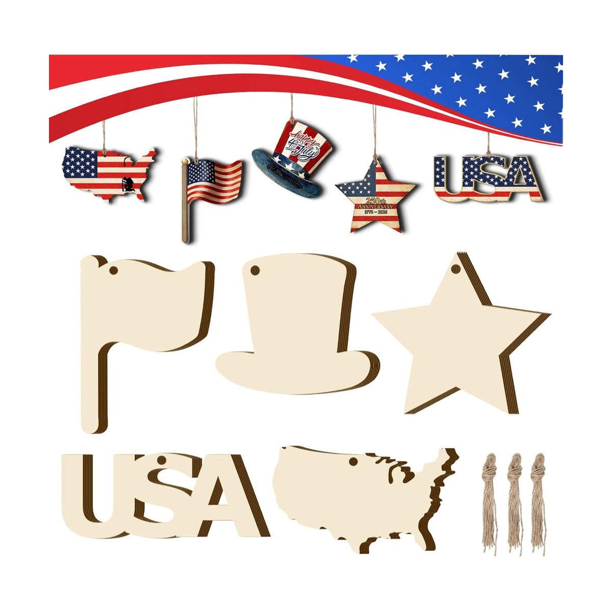 30Pcs Patriotic July of 4th Independence Day Unfinished Wooden Gift Ornaments DIY Craft Activity Paintable Blank Cutouts Hanging Wood Slices for Memorial Day Classroom Art Crafts Party Supplies