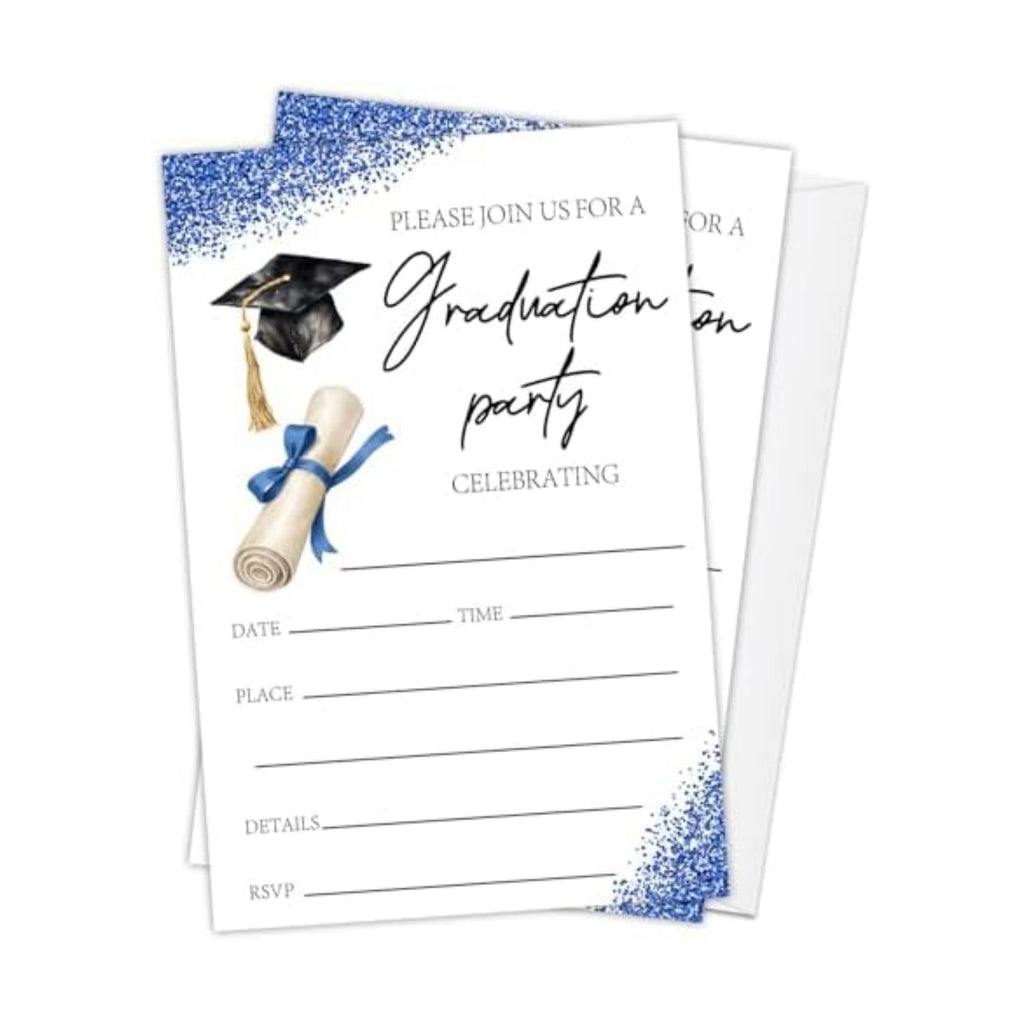 Blue Glitter Graduation Invitations 2026 with Envelopes - 20 Pack Class of 2026 Graduation Party Invitations, 4x6 Inch Fill-in Graduation Announcements for High School or College - A03