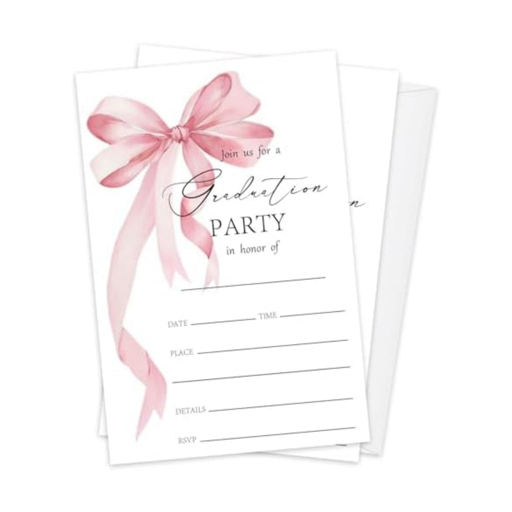Pink bow Graduation Invitations 2026 with Envelopes - 20 Pack Class of 2026 Graduation Party Invitations, 4x6 Inch Fill-in Graduation Announcements for High School or College - A12