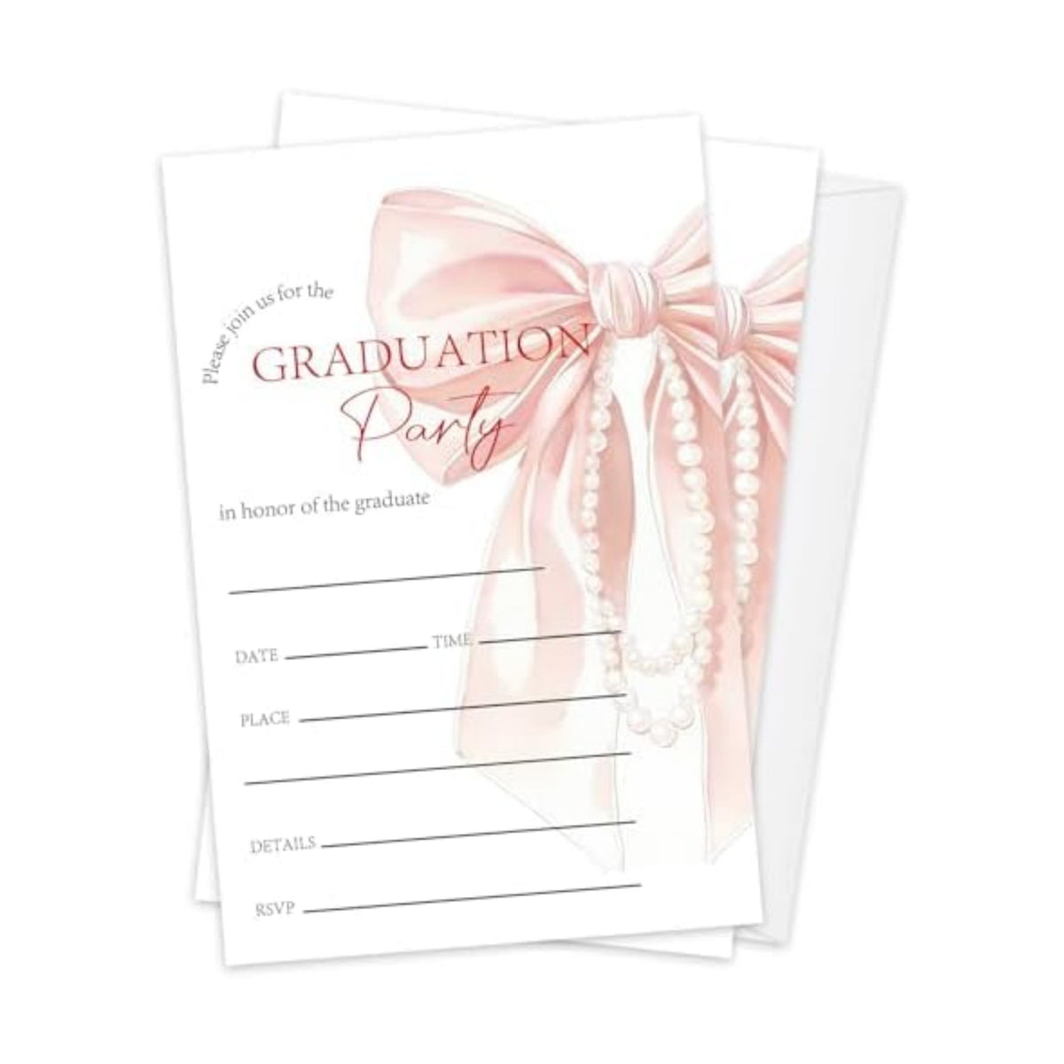 Pink Bow Graduation Invitations 2026 with Envelopes - 20 Pack Class of 2026 Graduation Party Invitations, 4x6 Inch Fill-in Graduation Announcements for High School or College - A08