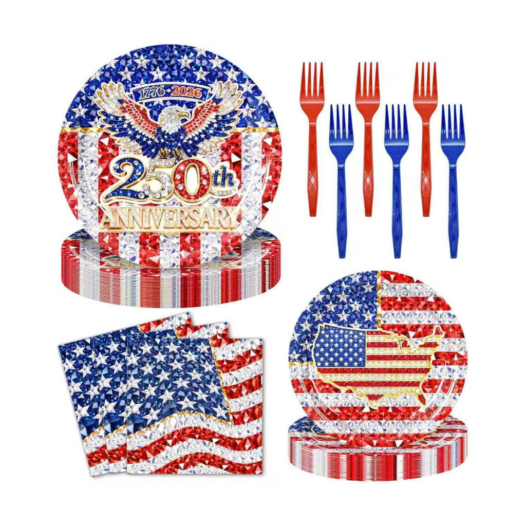 96 Pieces 250th Anniversary Plates and Napkins Patriotic Tableware Set, American Flag Disposable Paper Plates, Napkins, Forks for 4th of July Party Veterans Day Memorial Day Party Supplies- Serves 24