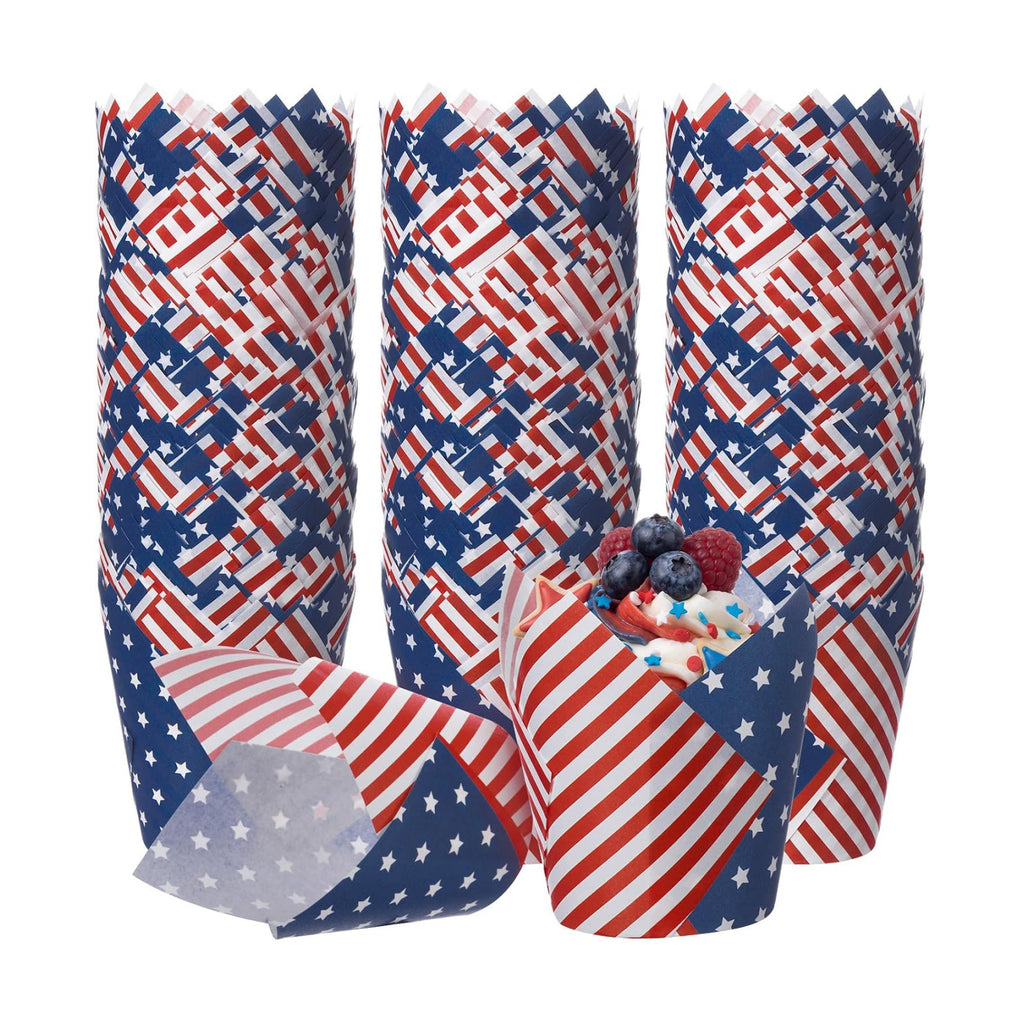 Maxdot 200 Pcs Patriotic Tulip Cupcake Liners for Baking 4th of July Muffin Baking Cups Red Blue White Stars Stripes Tulip Muffin Liners Wrappers for Independence Day Memorial Day Party Supplies
